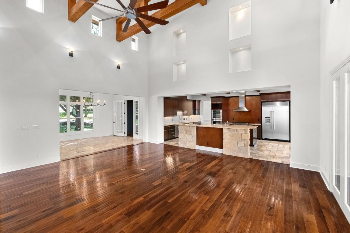 Empty room, Interior, Kitchen, Pendant Lights, Wooden Beams, Wood Texture Flooring