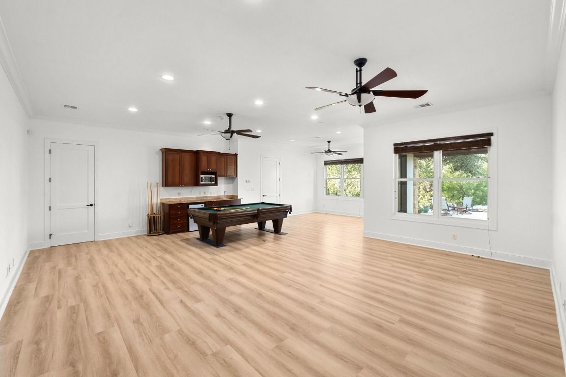 Billiard Table, Game Room, Interior, Recessed Lighting, Wood Texture Flooring