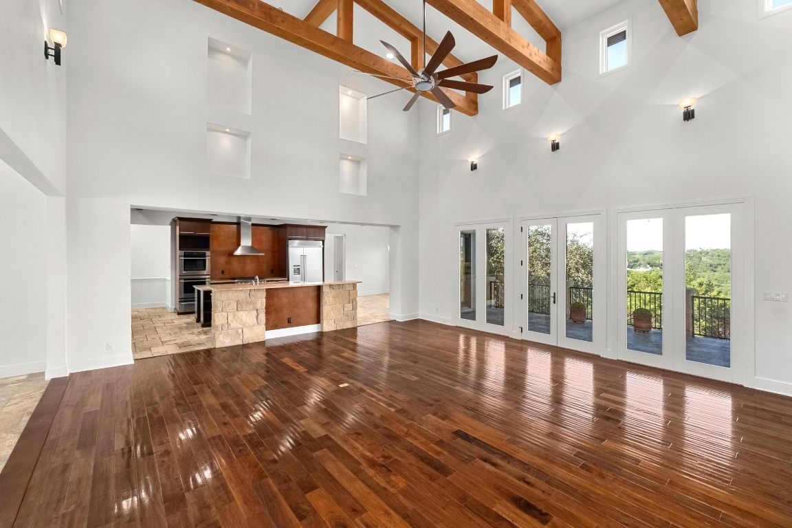 Empty room, Interior, Kitchen, Stainless Steel Appliances, Wooden Beams, Wood Texture Flooring