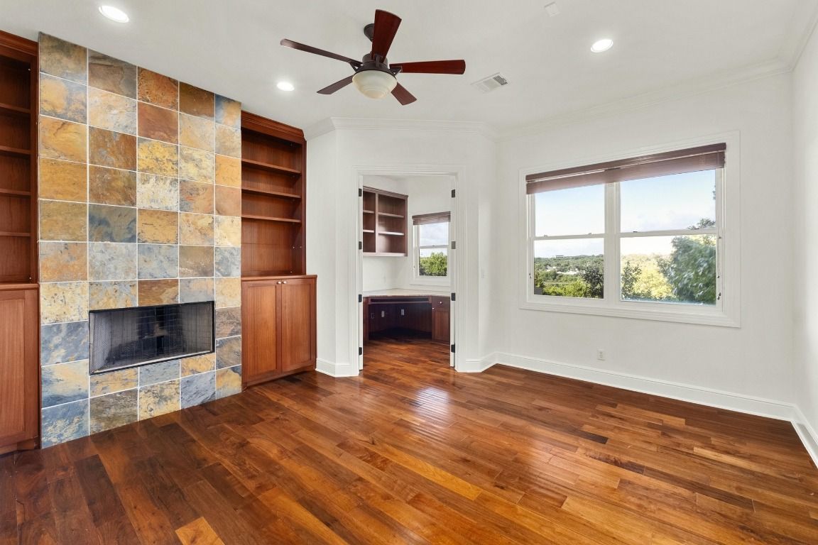 Empty room, Fireplace, Interior, Recessed Lighting, Wood Texture Flooring
