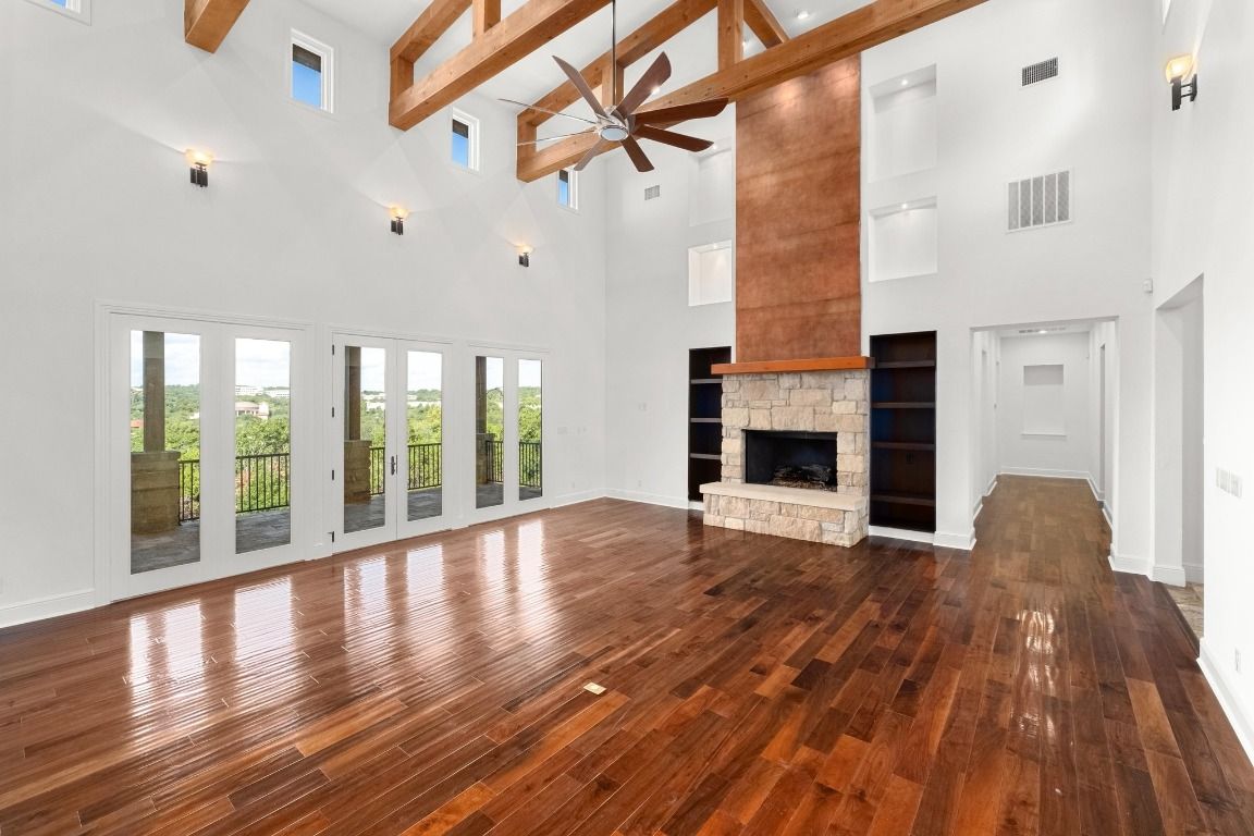 Empty room, Fireplace, Interior, Pendant Lights, Wooden Beams, Wood Texture Flooring