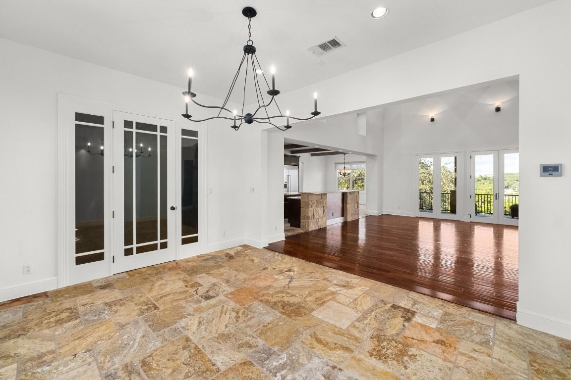 Chandelier, Empty room, Interior, Pendant Lights, Recessed Lighting, Wood Texture Flooring