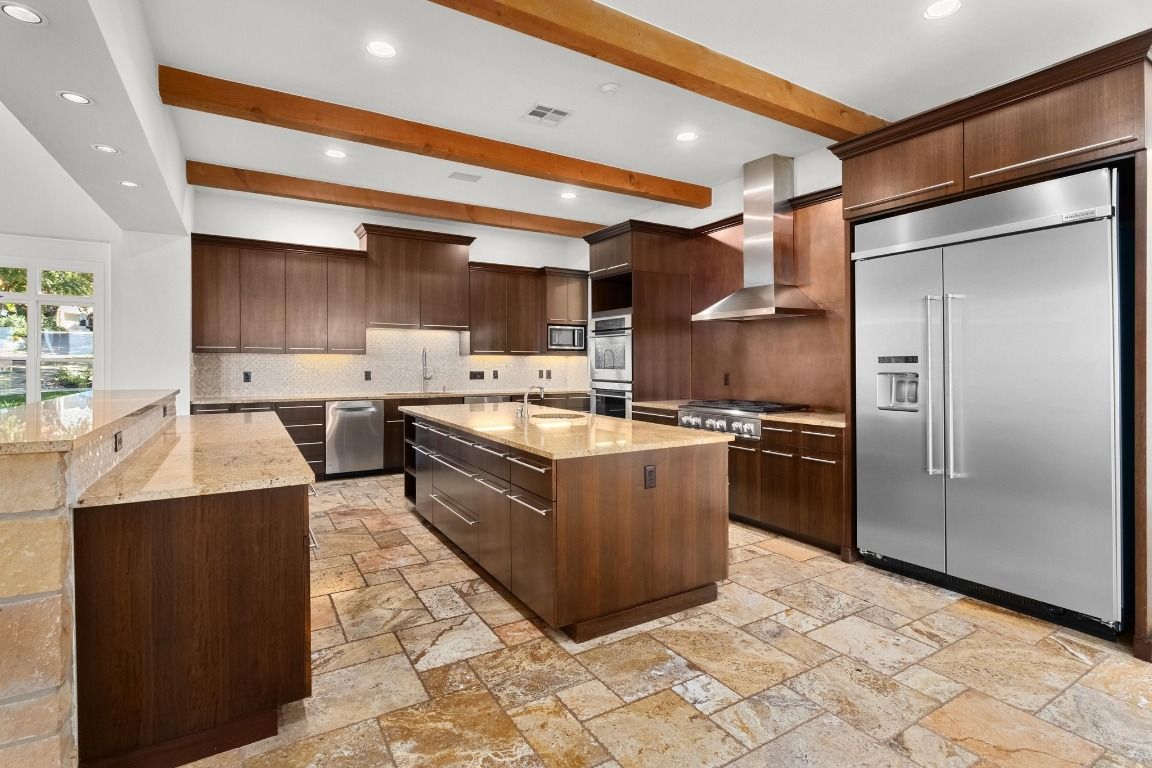 Interior, Kitchen, Recessed Lighting, Stainless Steel Appliances, Wooden Beams