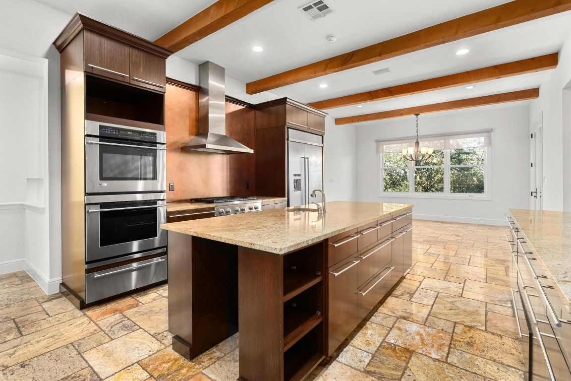 Chandelier, Interior, Kitchen, Recessed Lighting, Stainless Steel Appliances, Wooden Beams