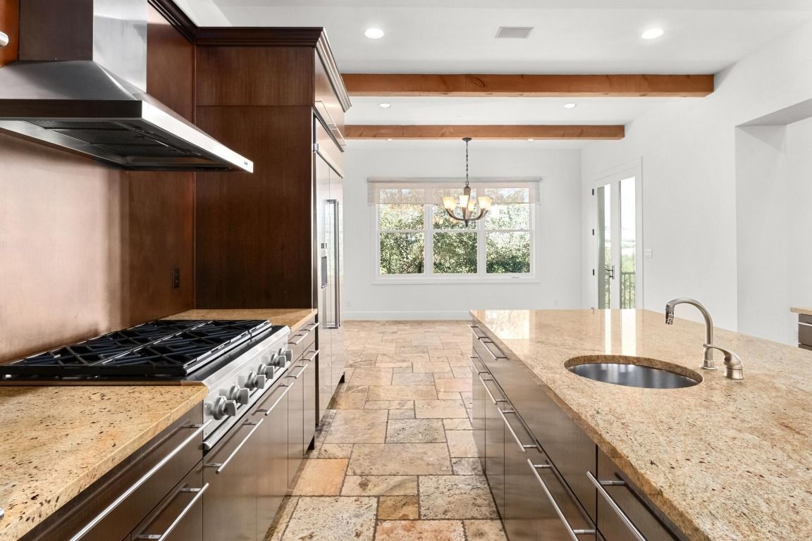 Chandelier, Interior, Kitchen, Recessed Lighting, Stainless Steel Appliances, Wooden Beams