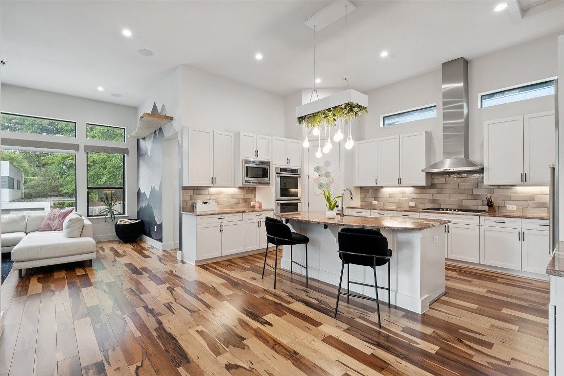 Interior, Kitchen, Pendant Lights, Recessed Lighting, Stainless Steel Appliances, Wood Texture Flooring