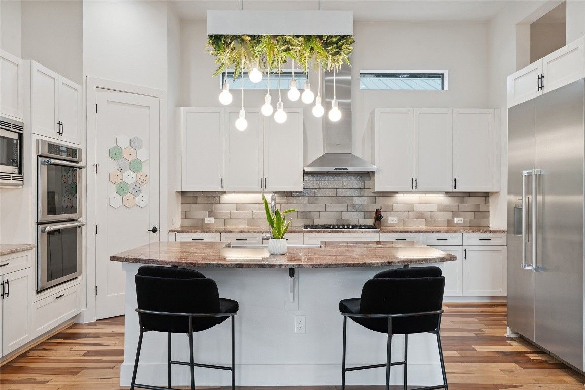Interior, Kitchen, Pendant Lights, Stainless Steel Appliances, Wood Texture Flooring
