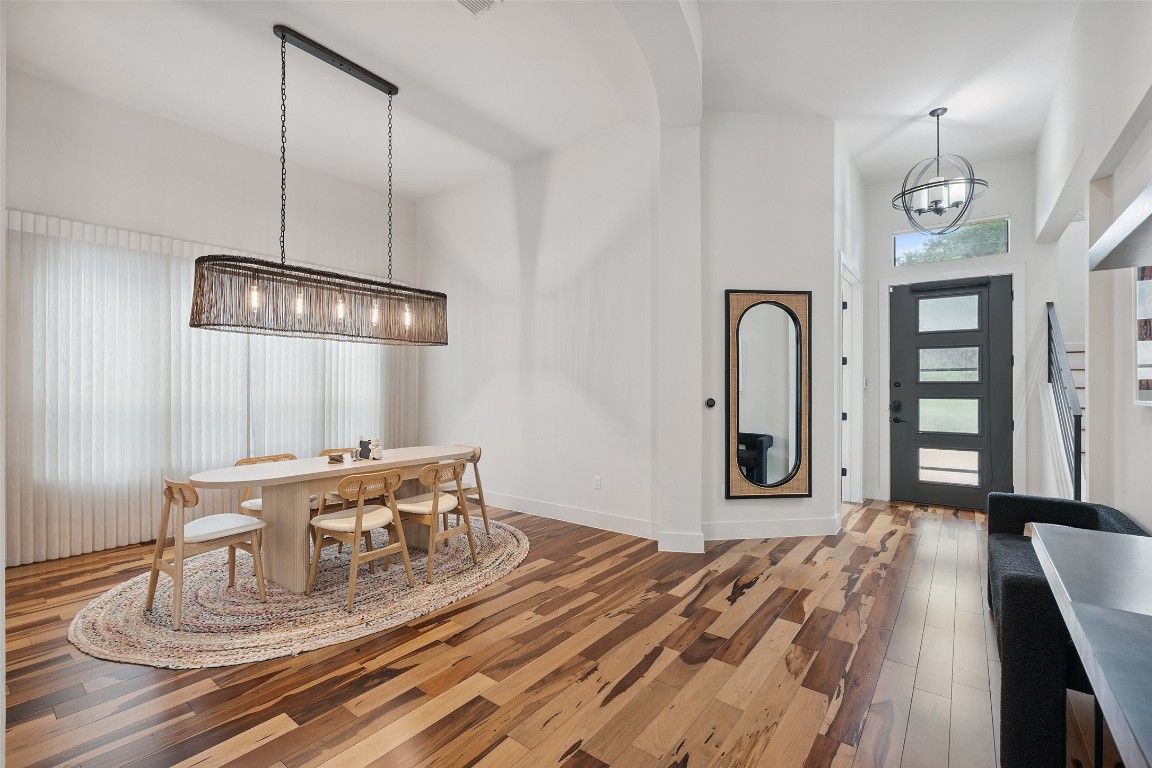 Chandelier, Dining room, Interior, Pendant Lights, Wood Texture Flooring