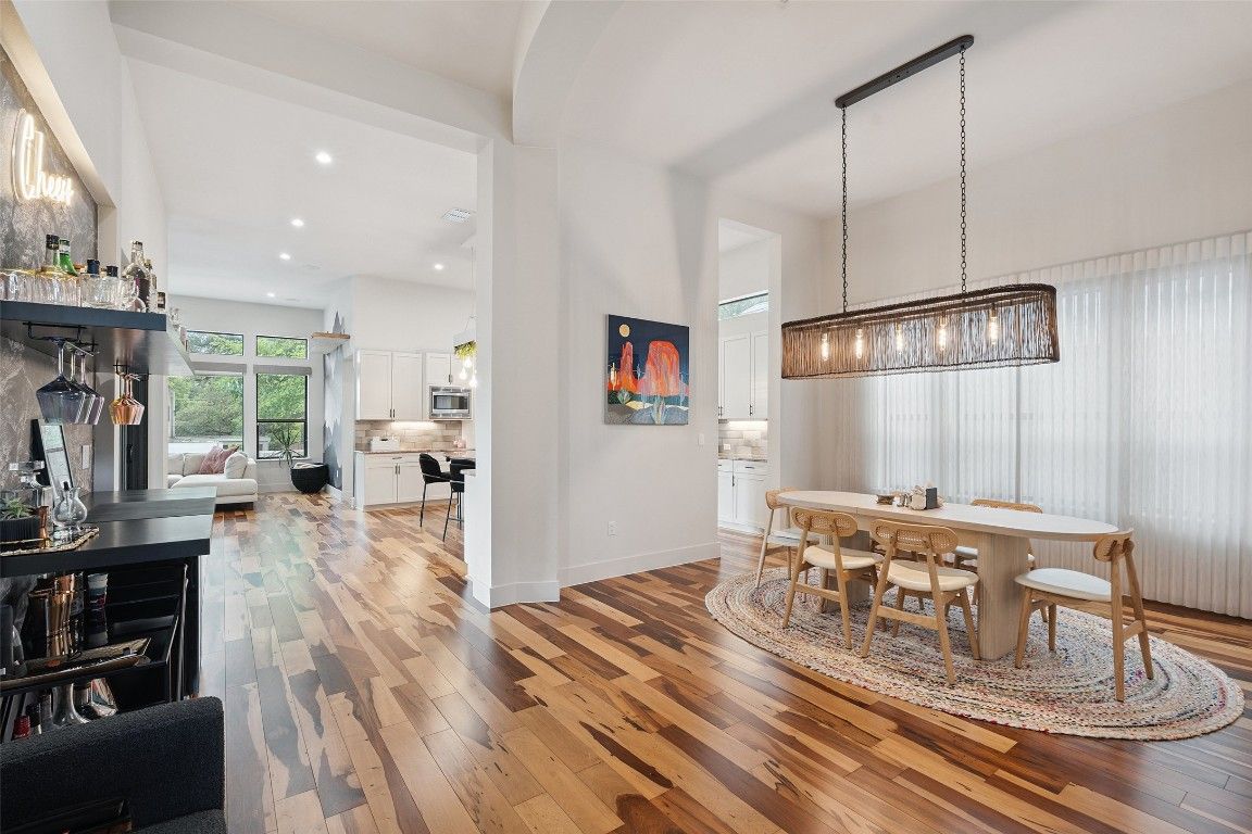 Dining room, Interior, Pendant Lights, Recessed Lighting, Wood Texture Flooring
