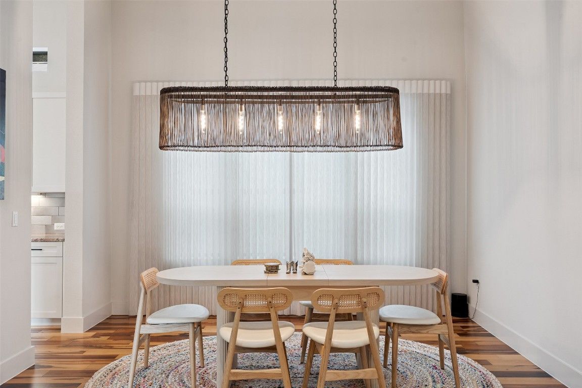 Dining room, Interior, Pendant Lights, Wood Texture Flooring