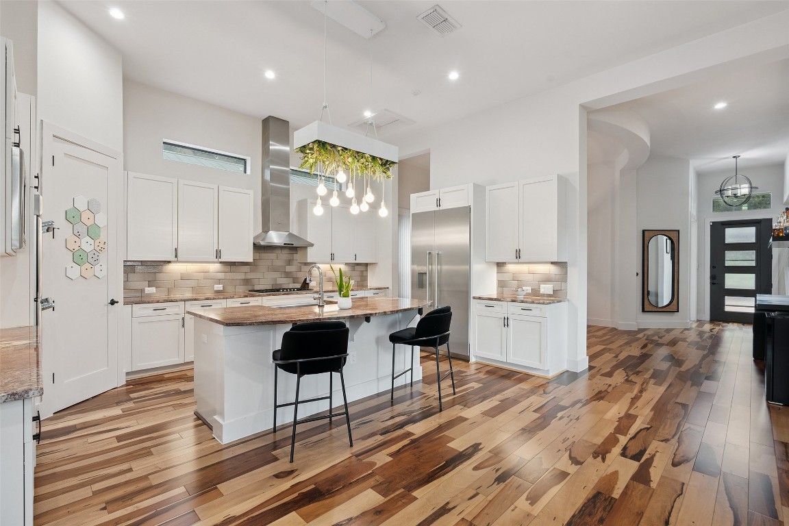 Interior, Kitchen, Pendant Lights, Recessed Lighting, Stainless Steel Appliances, Wood Texture Flooring