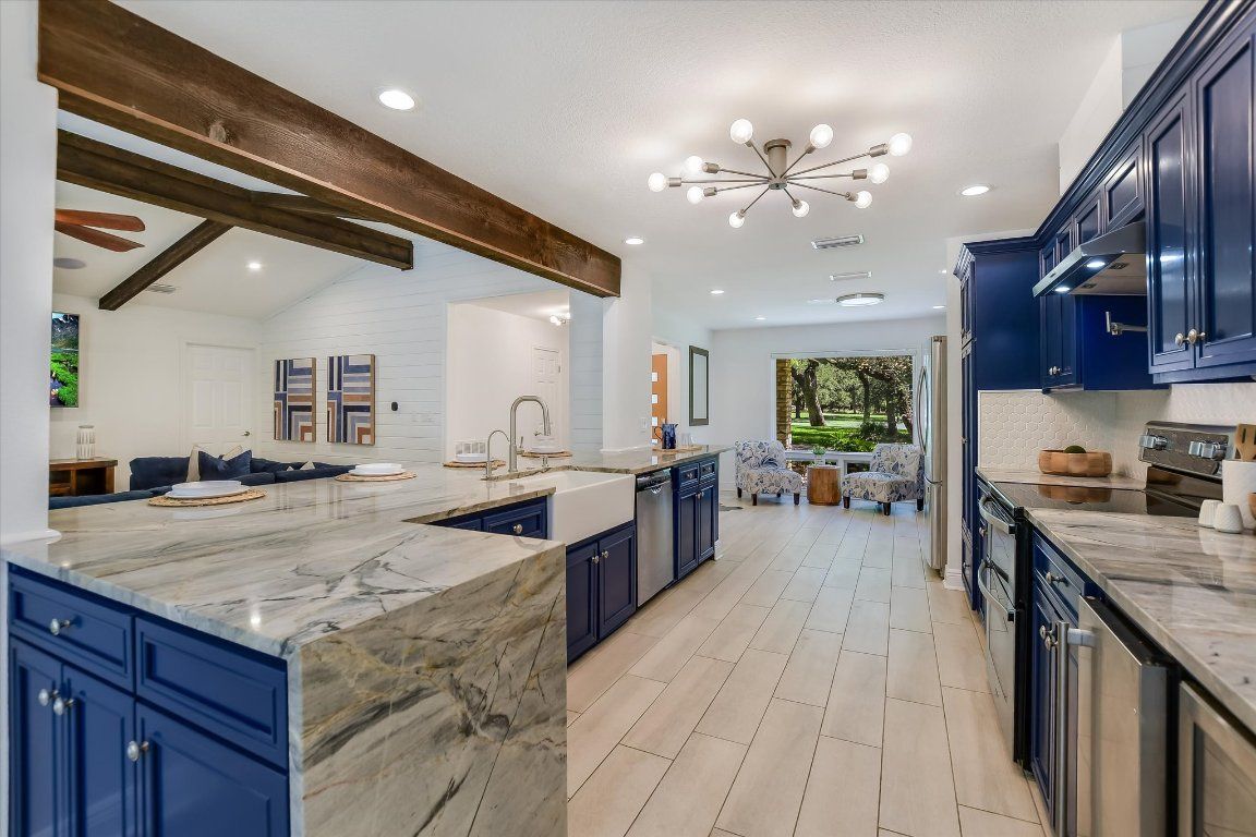 Interior, Kitchen, Pendant Lights, Recessed Lighting, Wooden Beams, Wood Texture Flooring