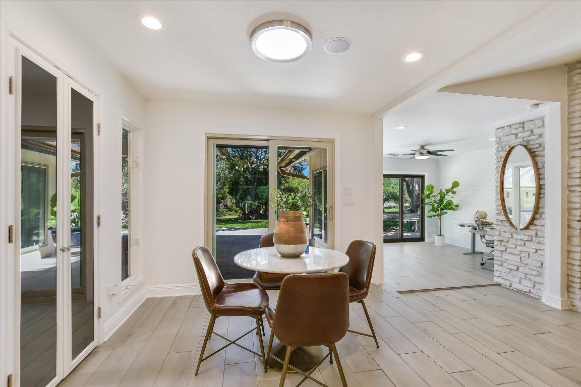 Dining room, Interior, Recessed Lighting, Wood Texture Flooring