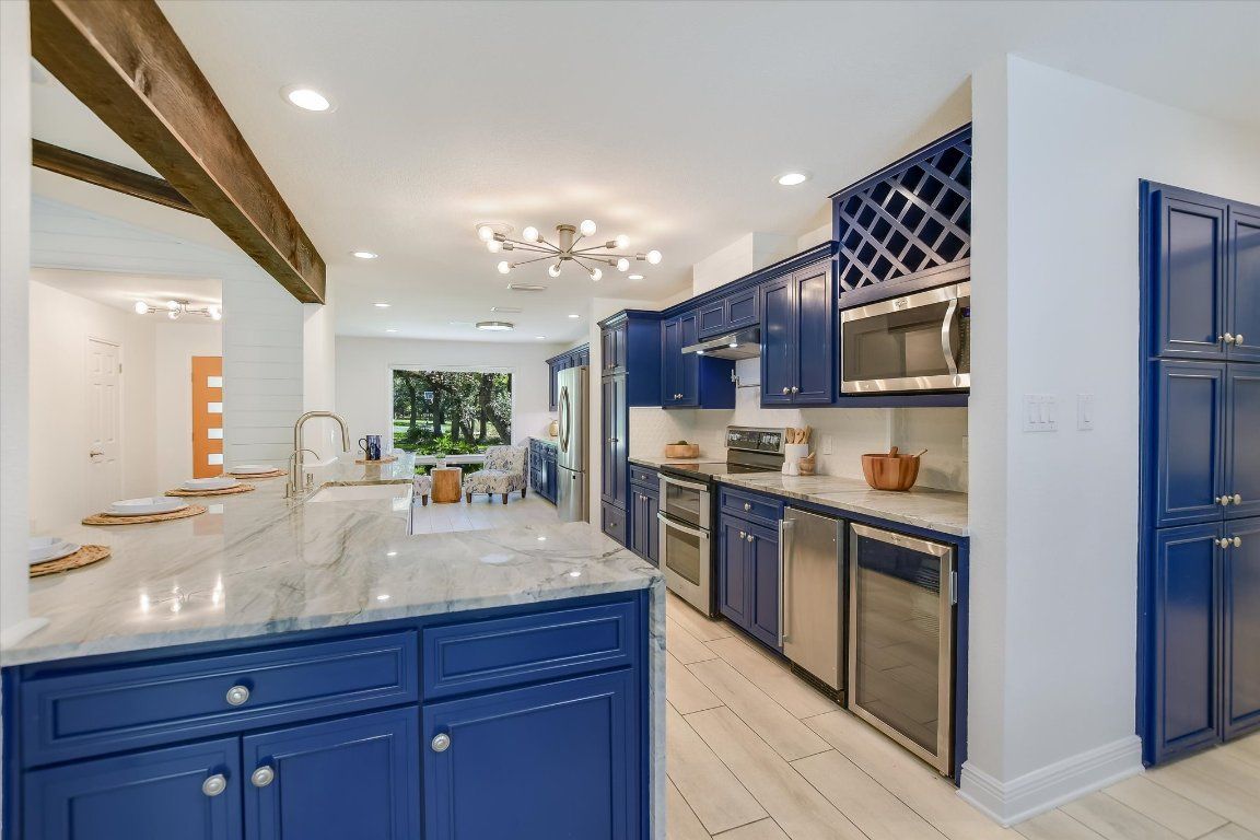 Interior, Kitchen, Pendant Lights, Recessed Lighting, Stainless Steel Appliances, Wooden Beams, Wood Texture Flooring