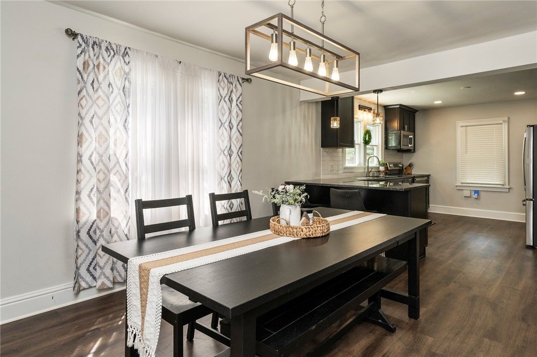 Dining room, Interior, Pendant Lights, Recessed Lighting, Wood Texture Flooring