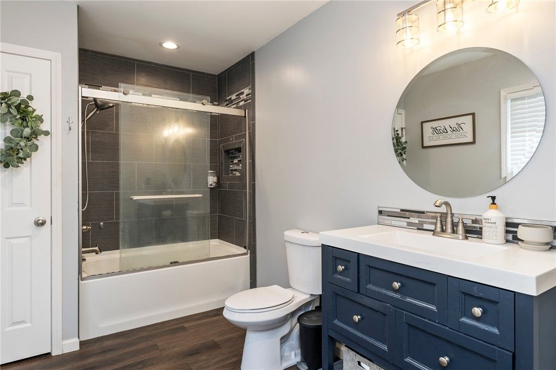 Bathroom, Glass Shower, Interior, Recessed Lighting, Wood Texture Flooring