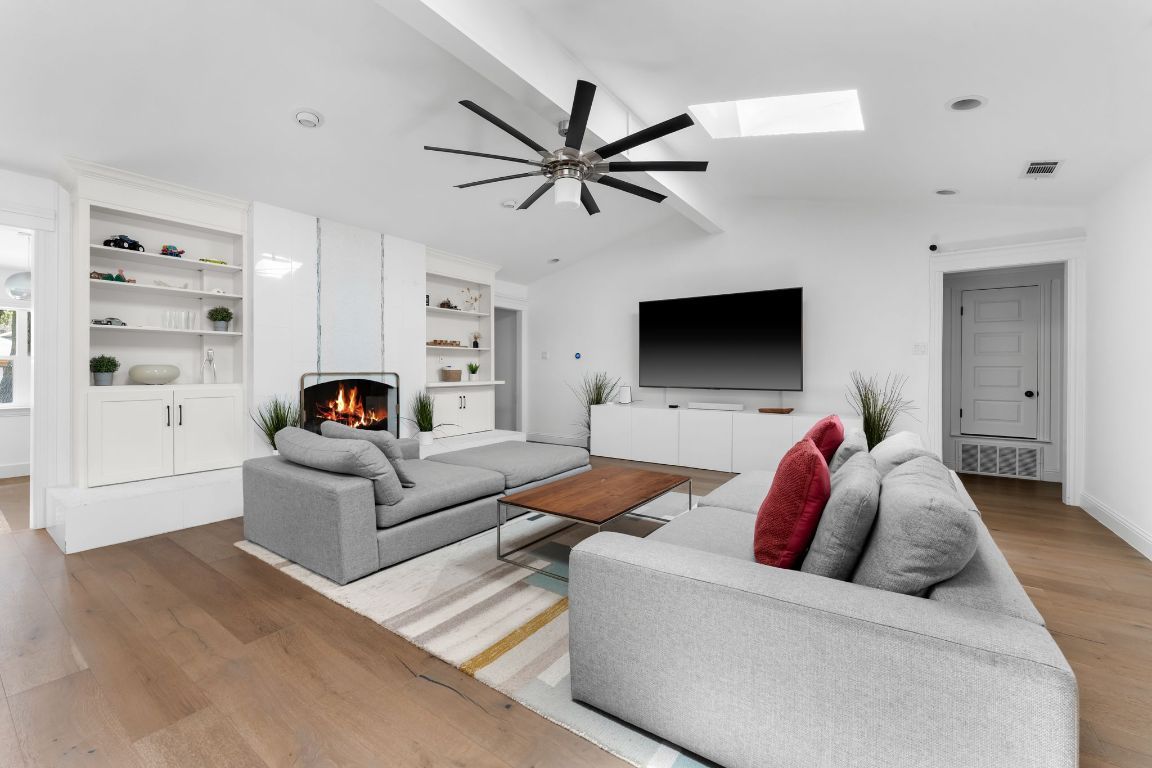 Fireplace, Interior, Living room, Recessed Lighting, Wood Texture Flooring