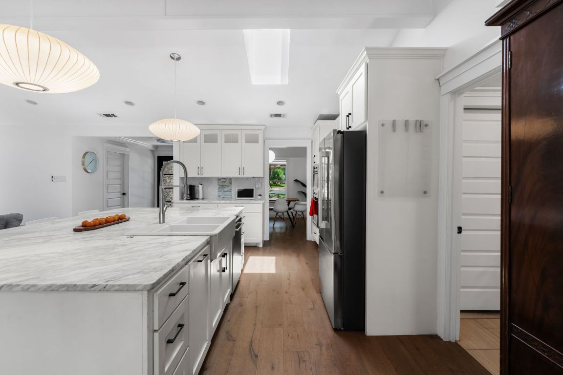 Interior, Kitchen, Pendant Lights, Recessed Lighting, Stainless Steel Appliances, Wood Texture Flooring