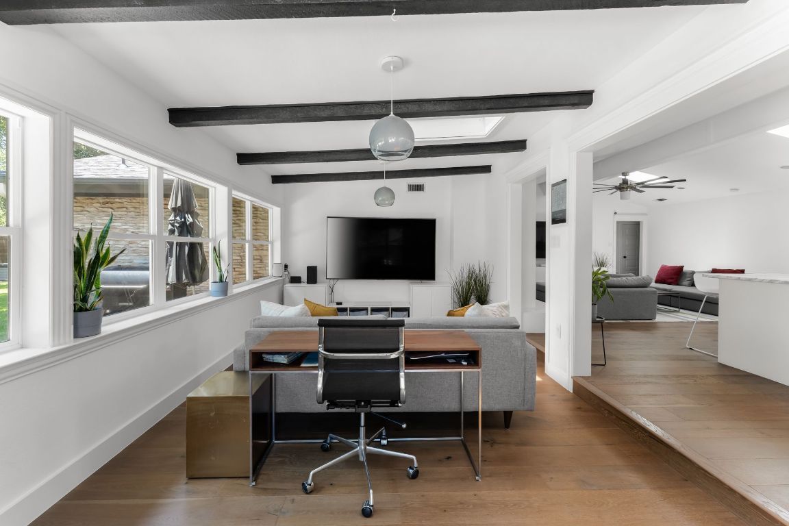 Home Office, Interior, Living room, Pendant Lights, Wooden Beams, Wood Texture Flooring