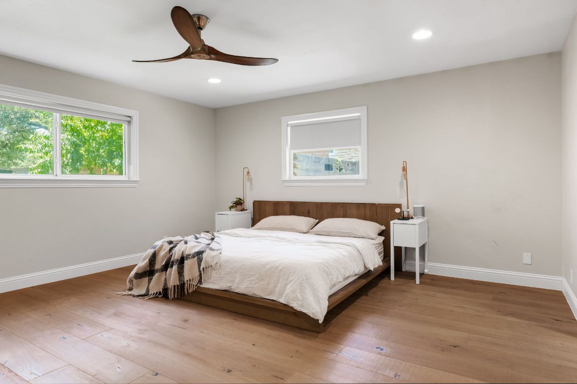 Bedroom, Interior, Recessed Lighting, Wood Texture Flooring