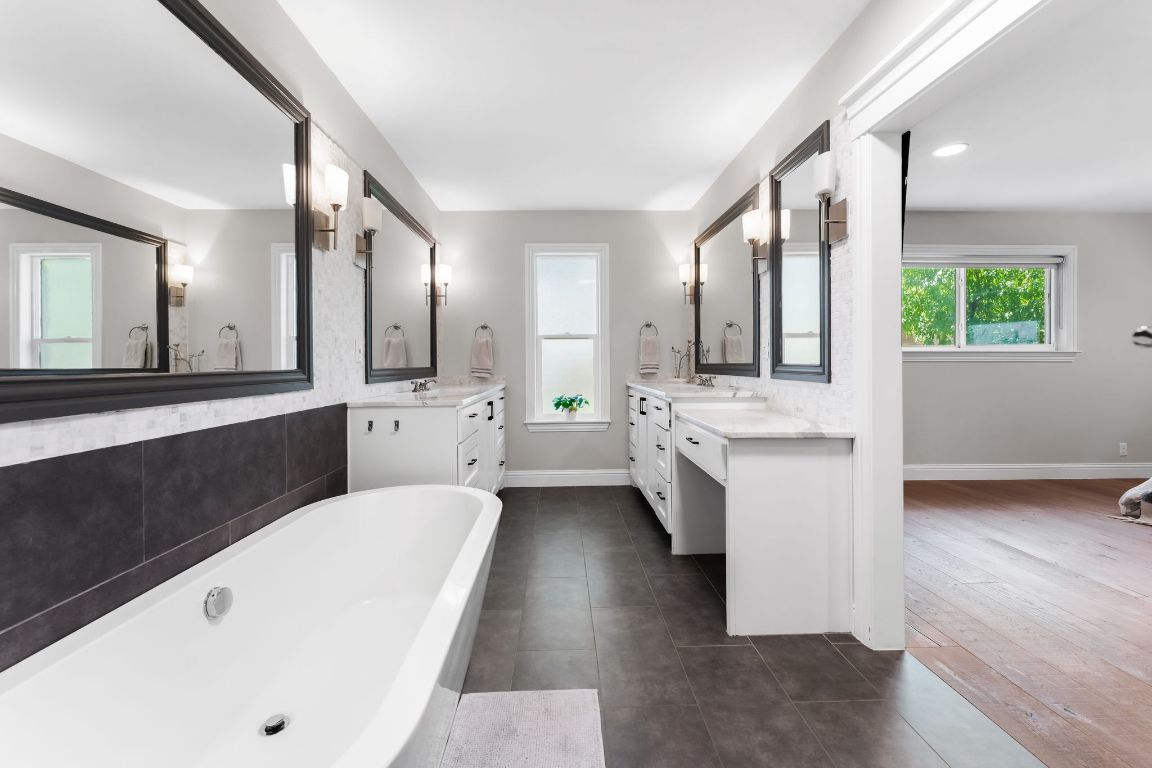 Bathroom, Dual Sink Vanities, Free Standing Baths, Interior, Recessed Lighting, Wood Texture Flooring