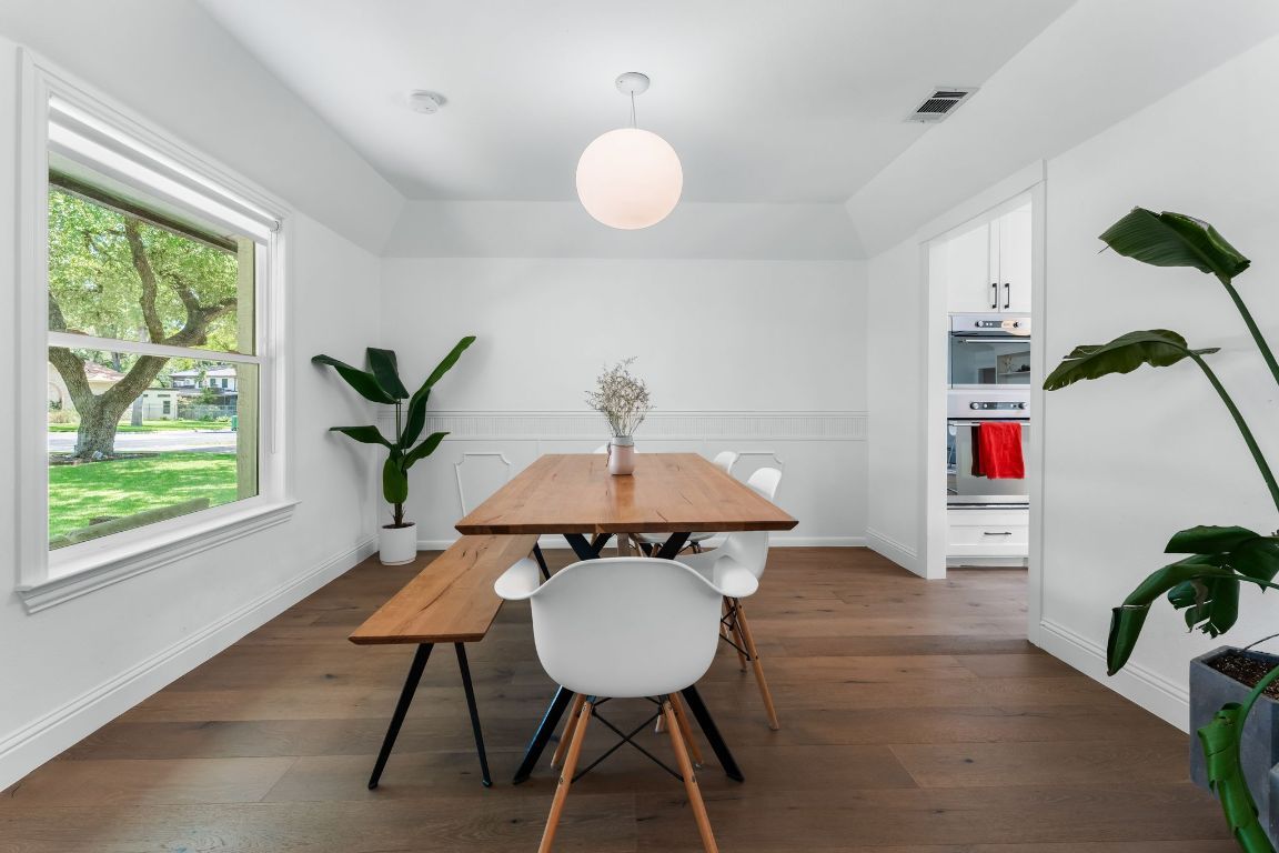 Dining room, Interior, Pendant Lights, Wood Texture Flooring