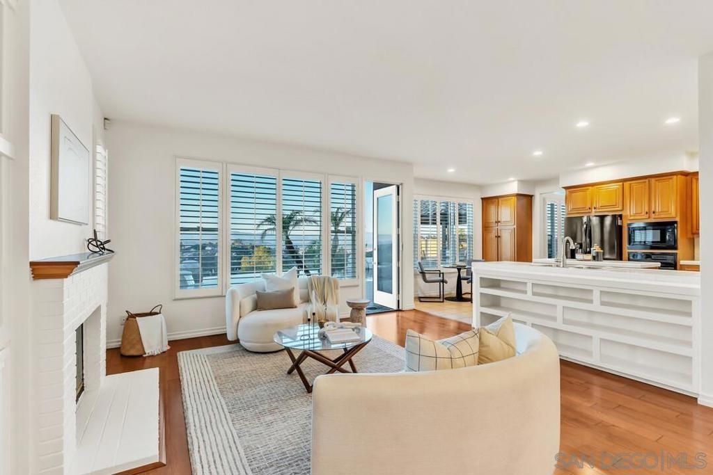 Fireplace, Interior, Kitchen, Living room, Recessed Lighting, Stainless Steel Appliances, Wood Texture Flooring