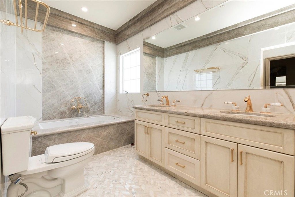 Bathroom, Dual Sink Vanities, Interior, Marble Walls, Recessed Lighting