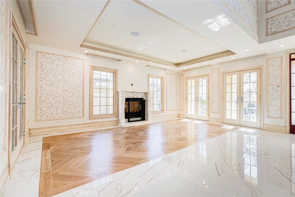 Empty room, Fireplace, Interior, Marble, Recessed Lighting, Wood Texture Flooring