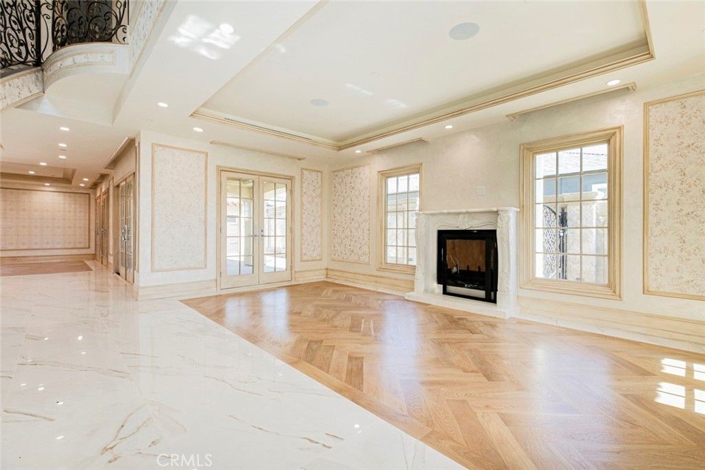 Empty room, Fireplace, Interior, Marble, Recessed Lighting, Wood Texture Flooring