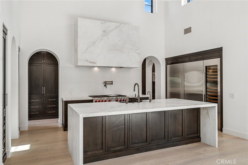 Interior, Kitchen, Marble Walls, Stainless Steel Appliances, Wood Texture Flooring