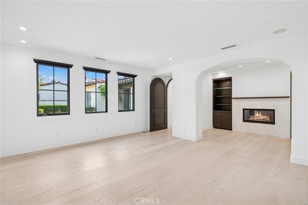 Empty room, Fireplace, Interior, Recessed Lighting, Wood Texture Flooring