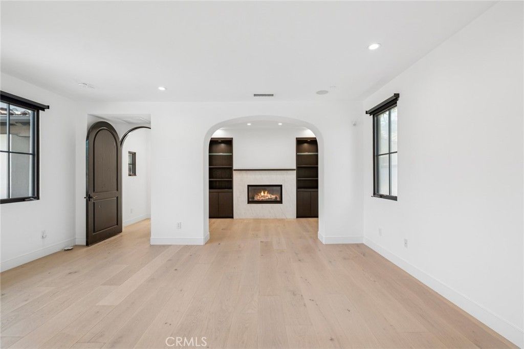 Empty room, Fireplace, Interior, Recessed Lighting, Wood Texture Flooring