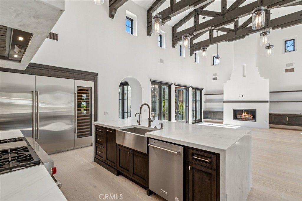 Fireplace, Interior, Kitchen, Pendant Lights, Stainless Steel Appliances, Wooden Beams, Wood Texture Flooring