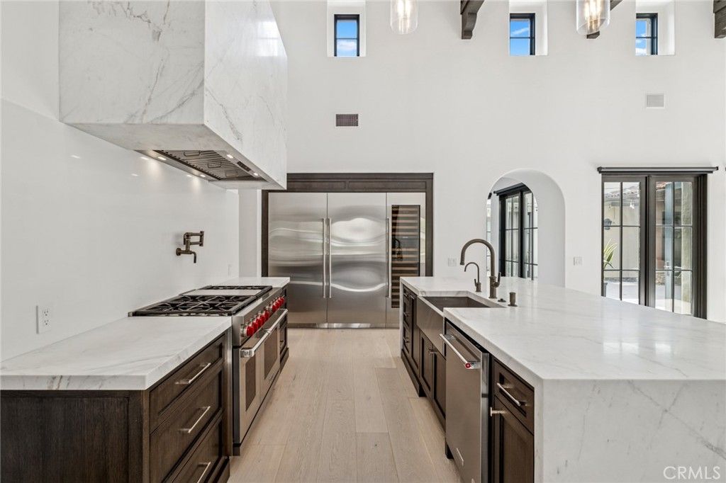 Interior, Kitchen, Marble Walls, Stainless Steel Appliances, Wood Texture Flooring