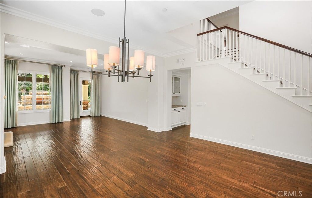 Chandelier, Empty room, Interior, Recessed Lighting, Wood Texture Flooring