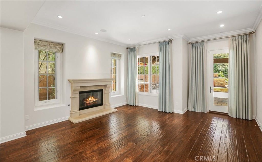 Empty room, Fireplace, Interior, Recessed Lighting, Wood Texture Flooring