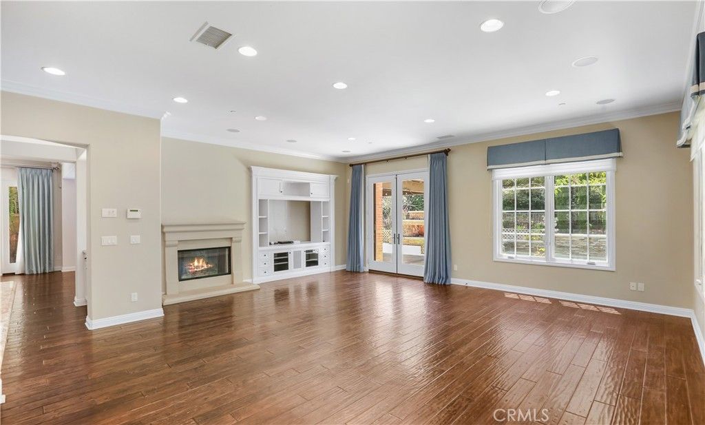 Empty room, Fireplace, Interior, Recessed Lighting, Wood Texture Flooring