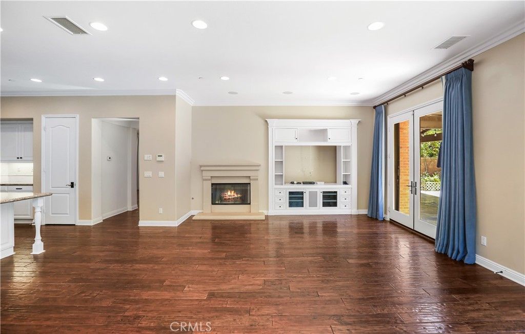 Empty room, Fireplace, Interior, Recessed Lighting, Wood Texture Flooring