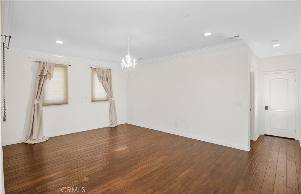 Chandelier, Empty room, Interior, Recessed Lighting, Wood Texture Flooring