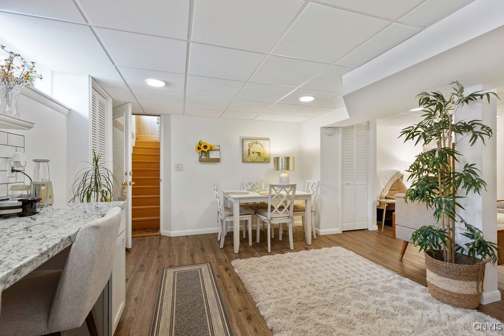 Dining room, Interior, Recessed Lighting, Wood Texture Flooring
