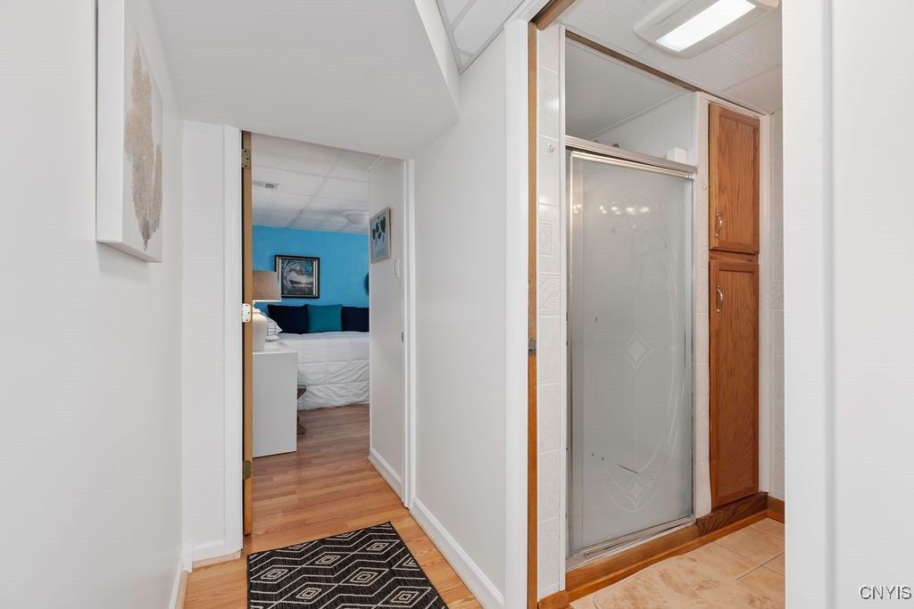 Bathroom, Glass Shower, Interior, Wood Texture Flooring