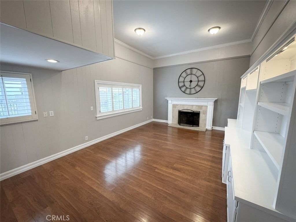 Empty room, Fireplace, Interior, Recessed Lighting, Wood Texture Flooring