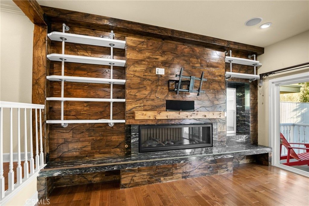 Fireplace, Interior, Recessed Lighting, Wood Texture Flooring, Wooden Walls