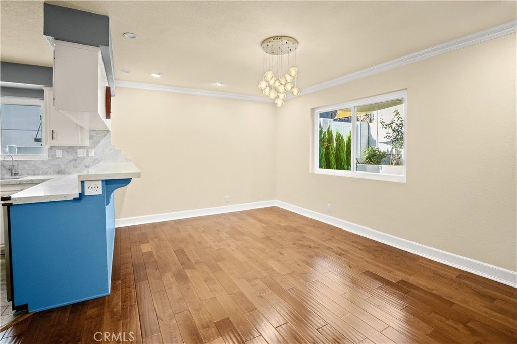 Empty room, Interior, Kitchen, Pendant Lights, Recessed Lighting, Wood Texture Flooring
