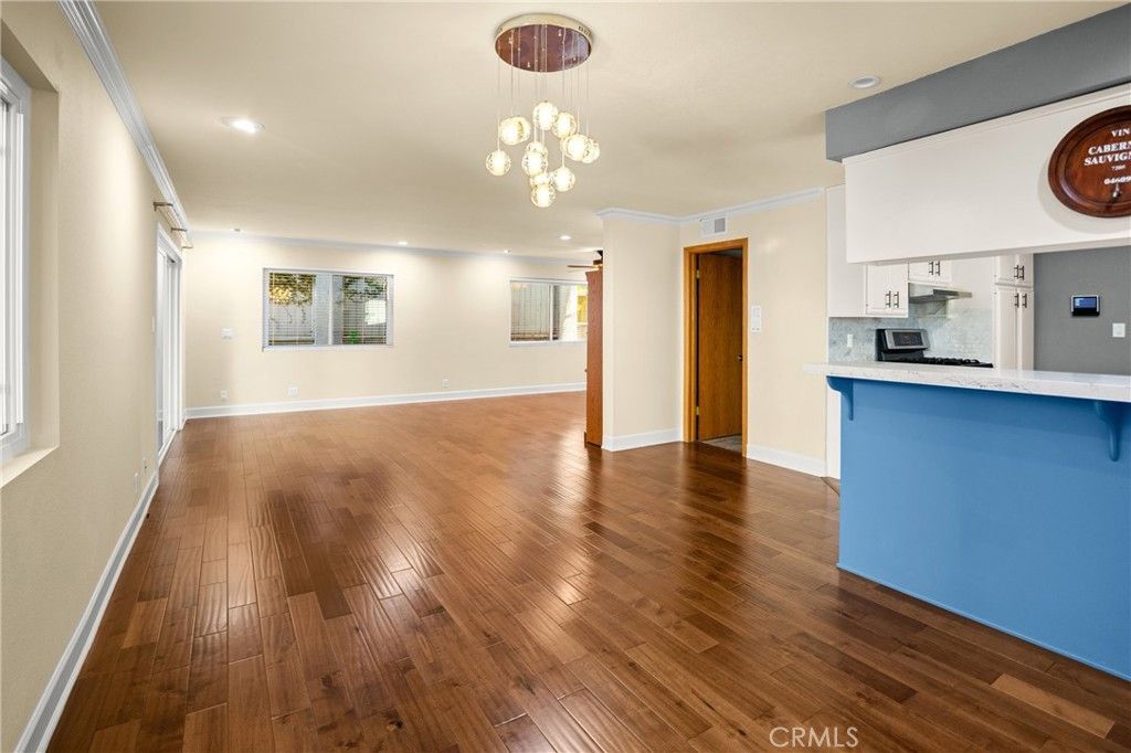 Empty room, Interior, Kitchen, Pendant Lights, Recessed Lighting, Wood Texture Flooring
