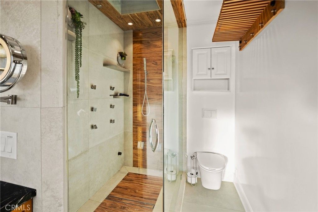 Bathroom, Glass Shower, Interior, Recessed Lighting, Wood Texture Flooring