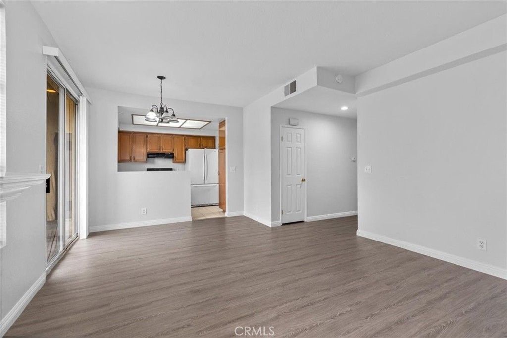 Chandelier, Empty room, Interior, Kitchen, Recessed Lighting, Wood Texture Flooring