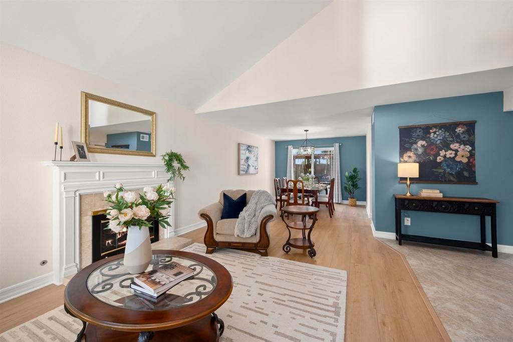 Chandelier, Dining room, Fireplace, Interior, Living room, Pendant Lights, Wood Texture Flooring