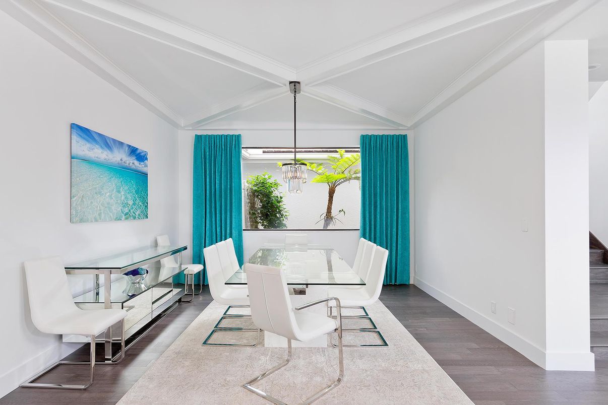 Dining room, Interior, Pendant Lights, Wood Texture Flooring